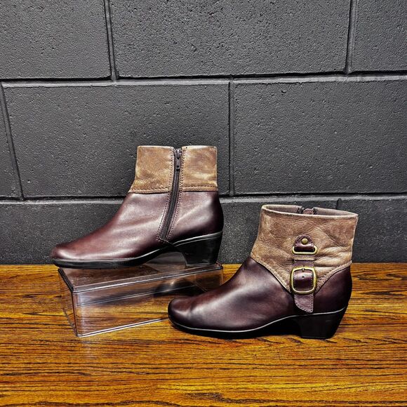 CLARKS Ingalls Brown Leather Zip Ankle Boots Buckle Women’s 8.5 - Picture 1 of 8